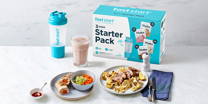 Fast Start carton with Fast Start shake bottle, salad wrap, protein and salad on a plate
