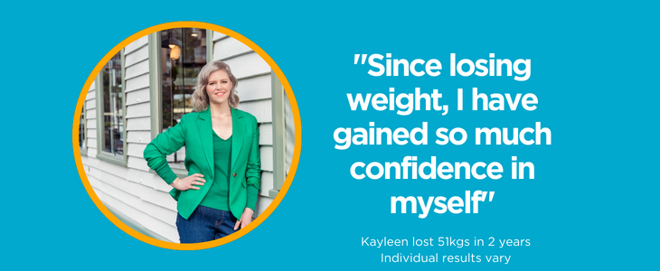 A long blue banner with an after shot of Kayleen with the quote "Since losing weight, I have gained so much confidence in myself" next to the image.