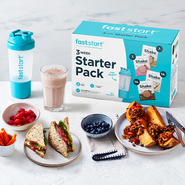 Fast Start Meal Replacement Starter Pack with a chocolate shake and plates of high protein food.